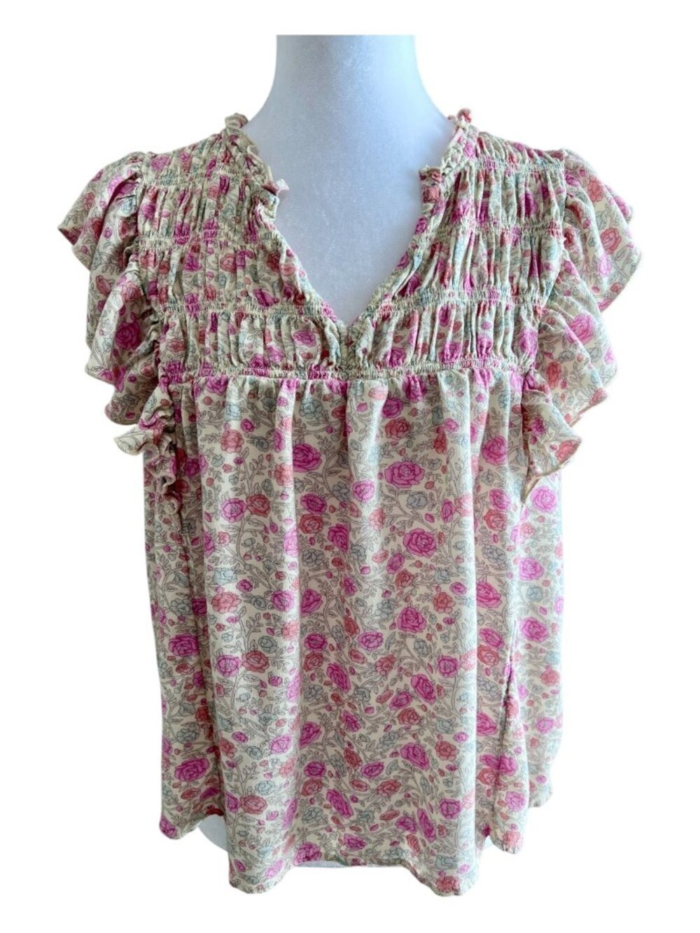 Lucky Brand Floral Smocked Flutter Sleeve Blouse Top - Size Med